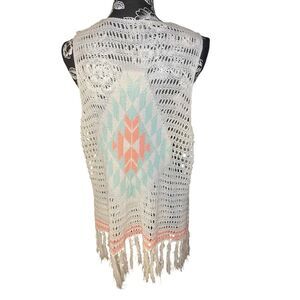 Vanity Women’s 
 Fringe Cardigan Vest – Size Large – Boho Crochet Knit
